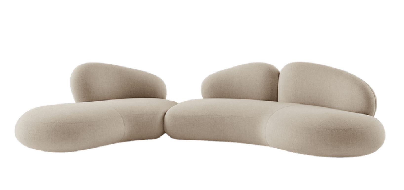 A two-piece modular sofa with organic, biomorphic shapes, upholstered in a light, textured fabric. Each piece features a low, rounded base and an undulating, curved backrest, designed to be arranged in various configurations. — 3D model
