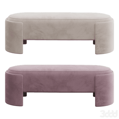 A modern upholstered bench with an elongated oval top and two solid, curved base supports, all covered in light beige velvet-like fabric. — 3D model