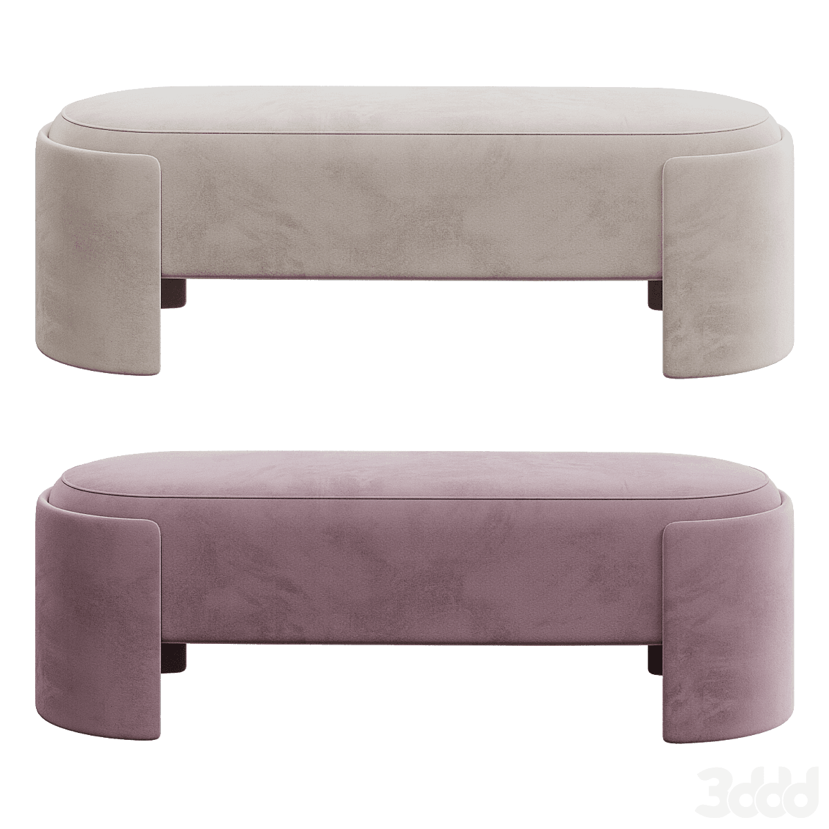 A modern upholstered bench with an elongated oval top and two solid, curved base supports, all covered in light beige velvet-like fabric. — 3D model
