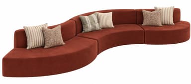 A modern curved modular sectional sofa upholstered in a rich terracotta-colored fabric, presented with multiple decorative throw pillows against a plain white background. The sofa is composed of several seamlessly connected segments forming an elongated, undulating seating arrangement. — 3D model