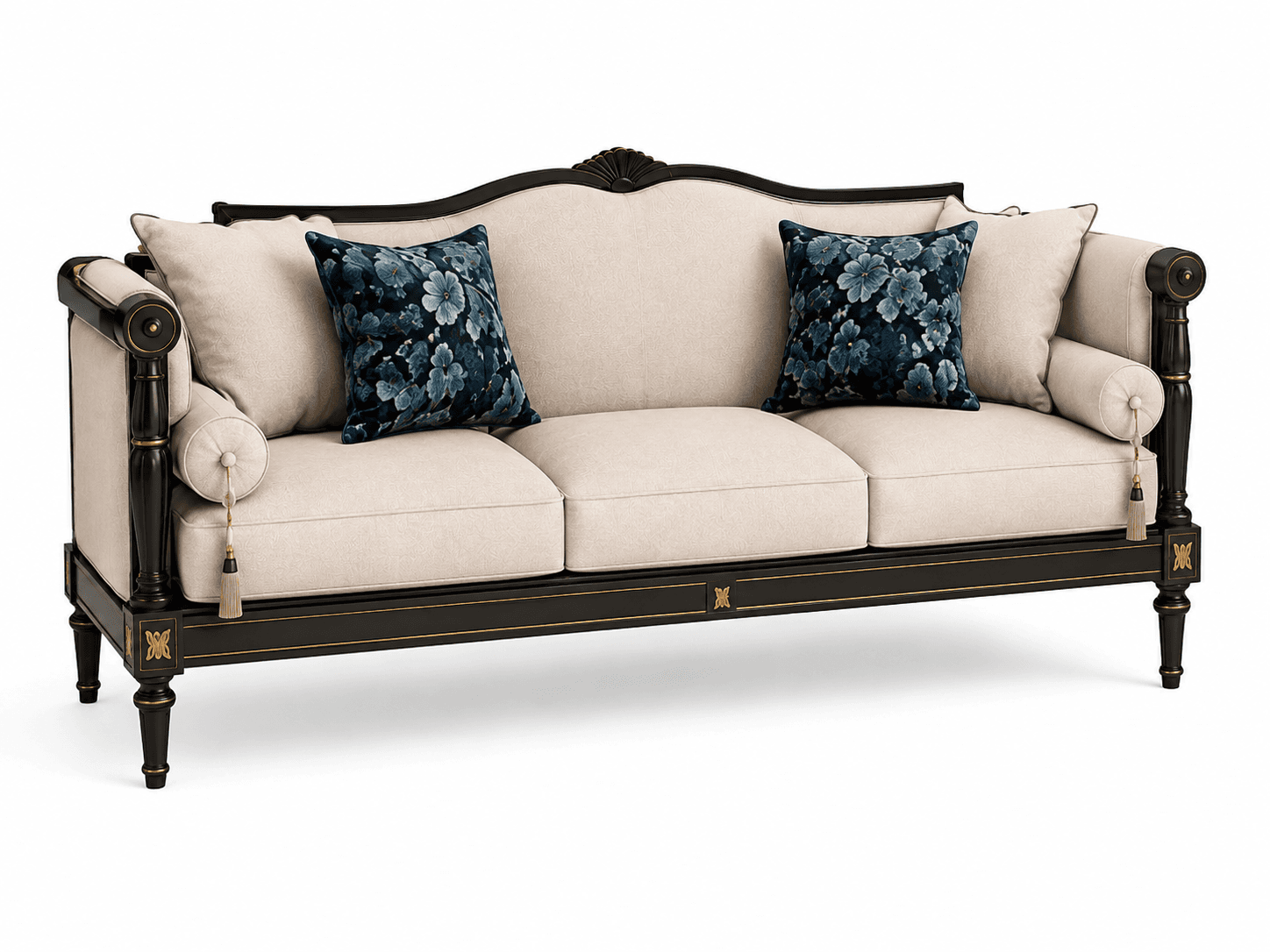 A Regency style three-seater sofa featuring an exposed, intricately carved wooden frame with a dark, possibly lacquered black finish and ornate gilt bronze accents. It has a serpentine crest rail, turned armrest supports, and elegant tapered legs. The seating consists of three upholstered seat cushions and three back cushions in a light, neutral-toned fabric. Rolled bolster cushions with tassels are integrated into the armrests. Two contrasting floral-patterned throw pillows are placed on the sofa. — 3D model