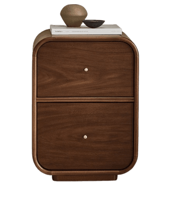 A contemporary nightstand with two drawers, featuring rounded edges and a dark wood veneer finish. The piece has a modern, minimalist design with subtle drawer pulls. — 3D model