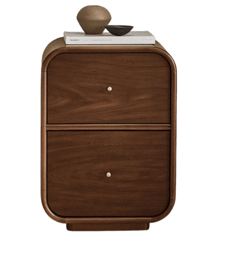 A contemporary nightstand with two drawers, featuring rounded edges and a dark wood veneer finish. The piece has a modern, minimalist design with subtle drawer pulls. — 3D model