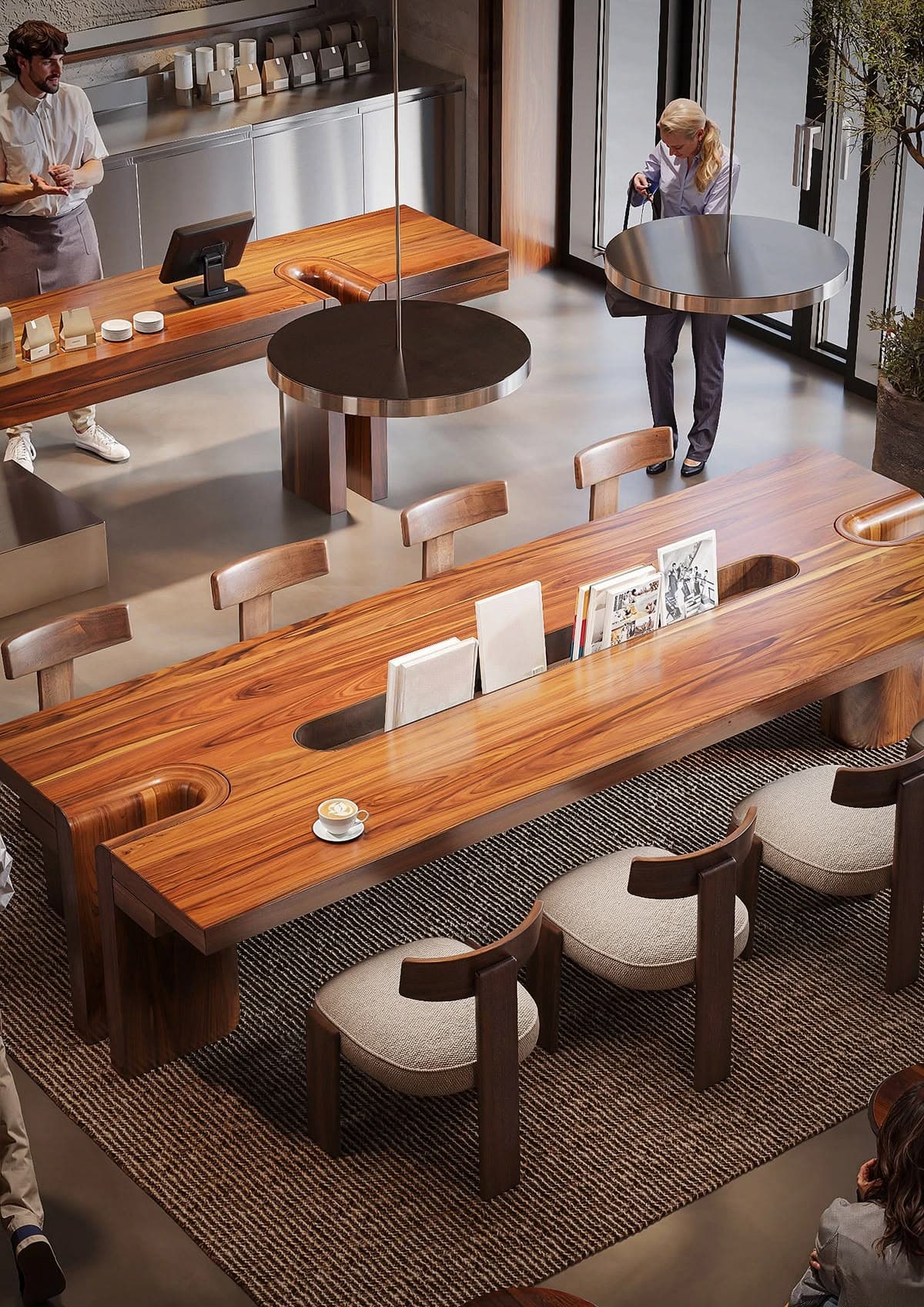 A rectangular coffee table crafted from solid, dark reddish-brown wood, featuring a long, recessed central channel for storage and two sculpted circular depressions at either end of the channel. The table stands on two thick, inverted T-shaped slab legs, emphasizing a robust and minimalist design. — 3D model