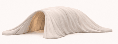 A beige, arch-shaped bench that appears to be made of a soft, pliable material. The bench has a smooth, matte finish with visible vertical pleats or folds that drape from the arch's apex to the base, creating a sense of soft drapery. The interior of the arch is hollow, suggesting it could be a functional bench with a unique, sculptural form. — 3D model