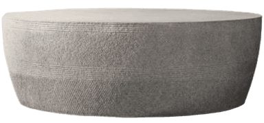 A round coffee table with a drum-shaped base. The surface is flat and circular. The base features horizontal ribbed detailing in two distinct bands, separated by a smoother band. The overall form is solid and substantial. — 3D model