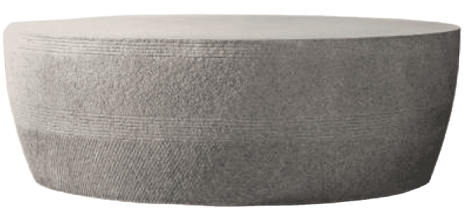 A round coffee table with a drum-shaped base. The surface is flat and circular. The base features horizontal ribbed detailing in two distinct bands, separated by a smoother band. The overall form is solid and substantial. — 3D model