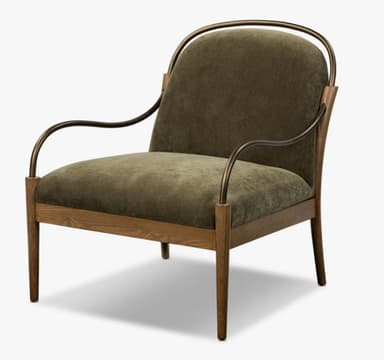 A contemporary accent armchair featuring a deep olive green upholstered seat and back, supported by a wooden base and frame, with elegant curved metal armrests and back support. — 3D model