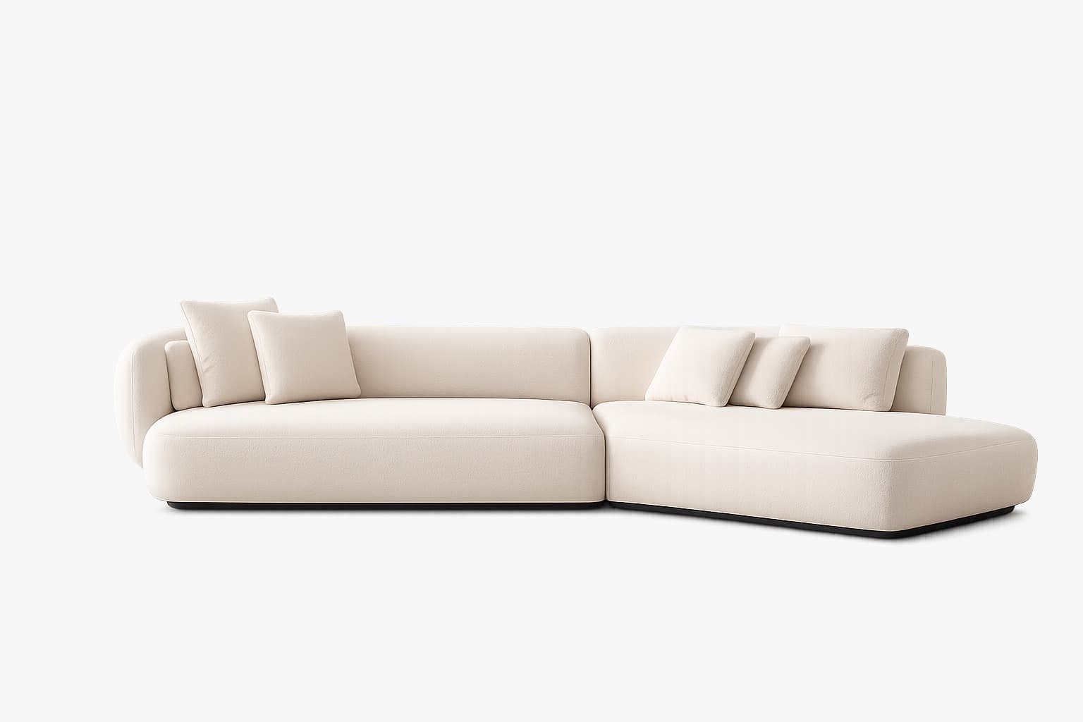 A modular sectional sofa with a chaise lounge extension. The sofa features a low profile, rounded arms, and plush back cushions. It is upholstered in a textured cream fabric and sits on a dark, low base. — 3D model