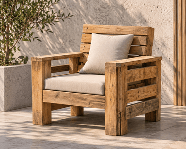 A rustic lounge chair constructed from substantial, distressed wooden planks, featuring a natural, weathered finish. It includes a thick, light gray fabric seat cushion and a matching back pillow for comfort. The chair has a blocky, sturdy design with slatted armrests and backrest, indicative of outdoor or casual indoor use. — 3D model
