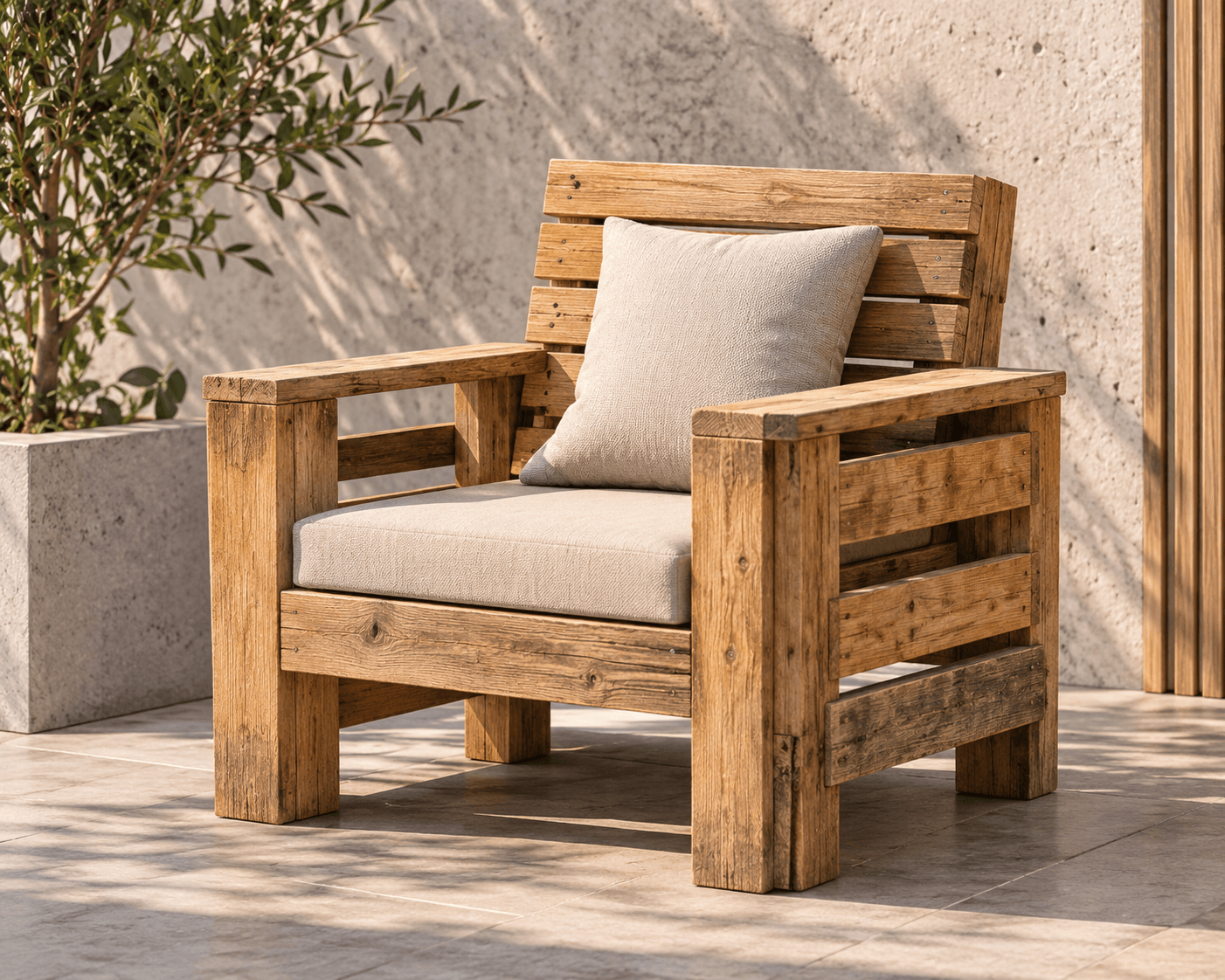 A rustic lounge chair constructed from substantial, distressed wooden planks, featuring a natural, weathered finish. It includes a thick, light gray fabric seat cushion and a matching back pillow for comfort. The chair has a blocky, sturdy design with slatted armrests and backrest, indicative of outdoor or casual indoor use. — 3D model