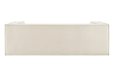 A cream-colored, minimalist sofa with a low profile and straight lines. It features a seamless upholstery that covers the seat, back, and armrests, which are integrated into a solid block form. The armrests have a slight inward slope from top to bottom. The overall design emphasizes a modern and understated aesthetic. — 3D model
