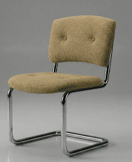 A cantilever dining chair featuring a tubular chrome frame and upholstered seat and backrest in a light beige fabric, with button tufting on the back. — 3D model