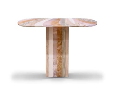 A modern console table with a unique, layered construction. The tabletop is elongated with rounded ends, supported by a single, rectangular pedestal base. The materials are layered vertically within the base and horizontally across the tabletop, creating a striking visual effect. — 3D model