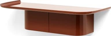 A sleek, wall-mounted console table featuring a high-gloss auburn brown lacquer finish. The top surface has gently curved, slightly raised edges, giving it a tray-like appearance. Beneath the top, a two-door cabinet with concealed handles provides integrated storage. The overall design is modern and streamlined, with soft, rounded corners on the cabinet. — 3D model