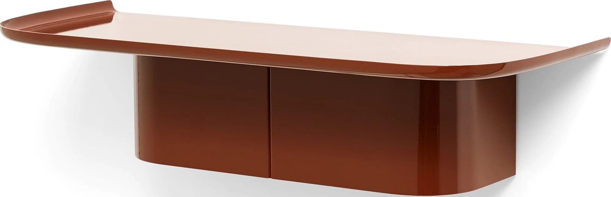 A sleek, wall-mounted console table featuring a high-gloss auburn brown lacquer finish. The top surface has gently curved, slightly raised edges, giving it a tray-like appearance. Beneath the top, a two-door cabinet with concealed handles provides integrated storage. The overall design is modern and streamlined, with soft, rounded corners on the cabinet. — 3D model
