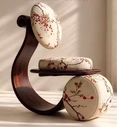 A highly sculptural chaise lounge featuring a dark-stained, sinuous wooden frame that supports three distinct, round upholstered cushions. The cushions are cream-colored with a red berry or cherry blossom floral pattern. The frame forms an elegant, flowing curve, integrating a backrest, seat, and footrest into a cohesive design. — 3D model