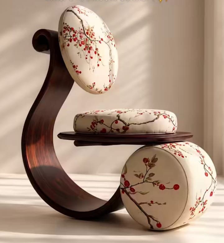 A highly sculptural chaise lounge featuring a dark-stained, sinuous wooden frame that supports three distinct, round upholstered cushions. The cushions are cream-colored with a red berry or cherry blossom floral pattern. The frame forms an elegant, flowing curve, integrating a backrest, seat, and footrest into a cohesive design. — 3D model