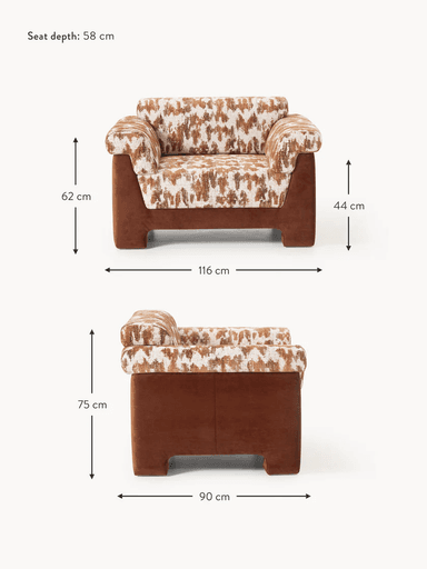 A single-seater armchair with a low profile and wide armrests. The seat and back cushions feature a textured geometric pattern in brown and off-white. The base and outer frame are upholstered in a solid, muted reddish-brown fabric. The armchair has a contemporary design with integrated block feet. — 3D model