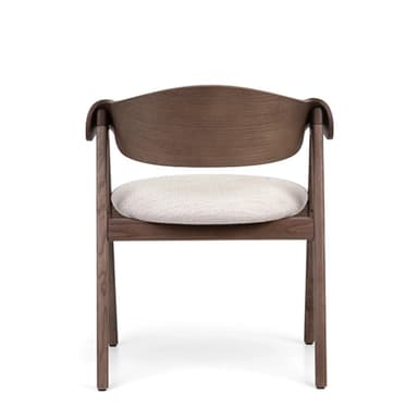 A modern armchair featuring a dark stained wooden frame, a distinctive curved backrest that integrates into armrests, and a light-colored upholstered seat. — 3D model