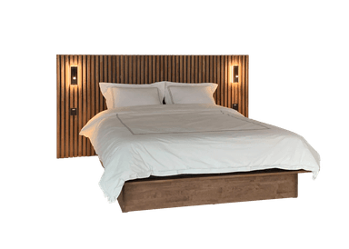 A modern platform bed featuring a wide, slatted wood headboard with integrated wall sconces, paired with a matching recessed platform base and simple white bedding. — 3D model