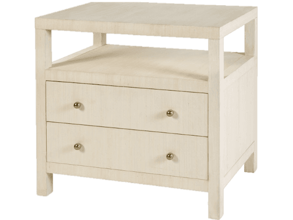 A rectangular nightstand with two drawers. It features an open shelf above the drawers and is supported by four block legs. The piece has a textured finish and is accented with two round, gold-toned drawer pulls. — 3D model