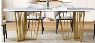A modern rectangular dining table featuring a grey tabletop with a distinctive stone or concrete appearance, supported by two robust, sculptural pedestal bases with faceted, geometric designs in a metallic bronze or dark brown finish. The table presents a contemporary aesthetic, combining durable materials with architectural design. — 3D model