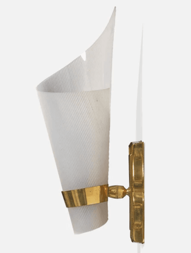 An elegant wall sconce featuring an ornate brass backplate and a curved, fluted glass shade. The shade is held in place by a brass band, and its translucent, ribbed surface is designed to diffuse light. The design combines decorative elements with functional lighting. — 3D model