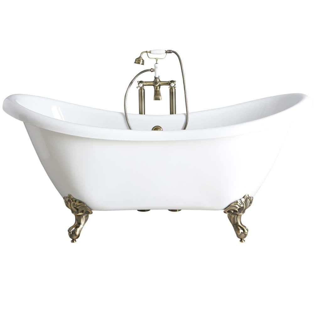 A white freestanding clawfoot bathtub featuring ornate antique brass claw feet and a deck-mounted antique brass faucet with an integrated handheld shower. The tub has a classic rolled rim design, suggesting a slipper or double-slipper shape, suitable for a traditional or vintage-style bathroom. — 3D model