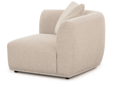 A modern, light beige (oatmeal) modular seating unit, part of a sectional sofa, featuring one broad armrest on the right side (from the viewer's perspective) and a backrest. It has soft, rounded edges and is upholstered in a textured, possibly bouclé or woven fabric, with a loose rectangular back cushion. The base is low with small, dark recessed feet. — 3D model