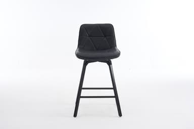A black bar stool with a geometrically quilted faux leather seat and a black metal splayed-leg base with an integrated footrest. — 3D model