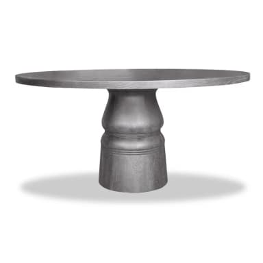 A round dining table featuring a thick, smooth circular top supported by a substantial, sculptural pedestal base. The table appears to be constructed from wood with a visible grain pattern, finished in a matte grey stain. — 3D model