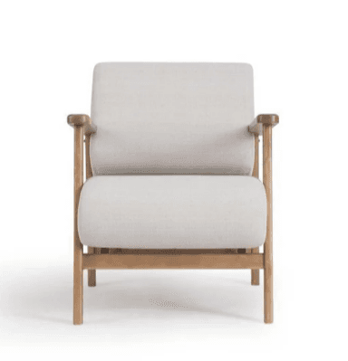 A modern lounge armchair featuring an exposed light-toned wooden frame and soft, light beige upholstered cushions for the seat and back. The design is minimalist with clean lines and rounded armrests. — 3D model