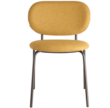 A contemporary side chair with a rounded backrest and seat, both upholstered in a textured yellow fabric. The frame consists of four slender, dark metal legs that angle outwards slightly. The overall design is minimalist and modern. — 3D model