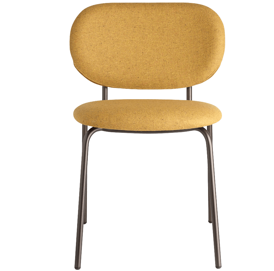 A contemporary side chair with a rounded backrest and seat, both upholstered in a textured yellow fabric. The frame consists of four slender, dark metal legs that angle outwards slightly. The overall design is minimalist and modern. — 3D model