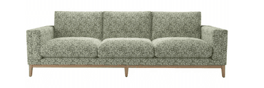 A three-seater sofa with a textured fabric upholstery and a visible wooden frame and legs. — 3D model