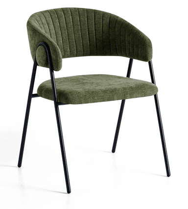 A modern accent chair featuring a curved backrest and seat upholstered in a textured green fabric. The chair has a metal frame with four slender legs in a matte black finish. The backrest exhibits vertical channel tufting. — 3D model