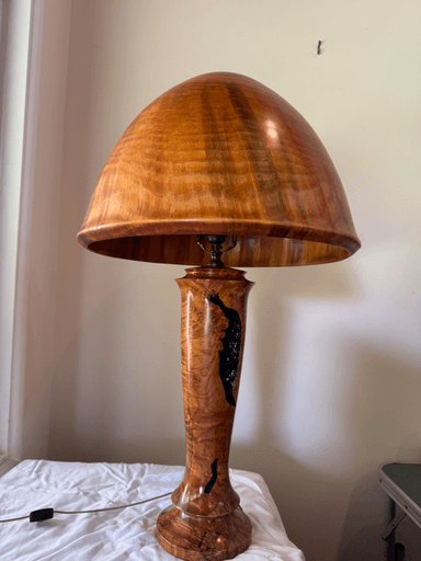 A distinctive mushroom-shaped table lamp crafted from highly figured wood, featuring a smooth, domed cap and a tapering cylindrical stem with a flared base. The stem includes irregular, darker, possibly epoxy-filled voids or inlays, adding a unique organic detail to the design. — 3D model