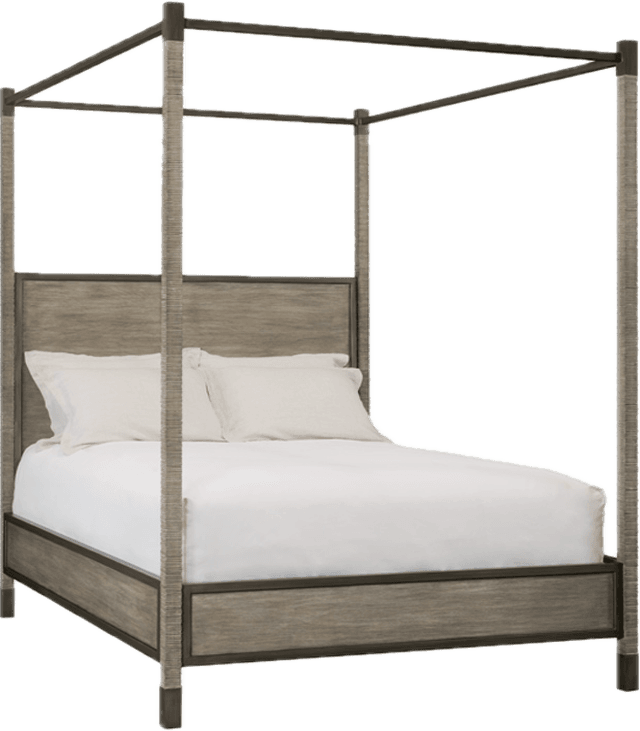 A canopy bed with a wooden frame. The headboard and footboard are constructed from wood planks with a visible grain. The posts are cylindrical and textured, possibly wrapped or carved, and are topped with a metal frame that extends to form the canopy. The bed is shown with white bedding and two pillows. — 3D model