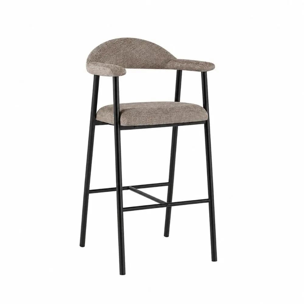 A contemporary bar stool featuring a grey upholstered seat and backrest with integrated armrests, supported by a black metal frame with a built-in footrest. — 3D model