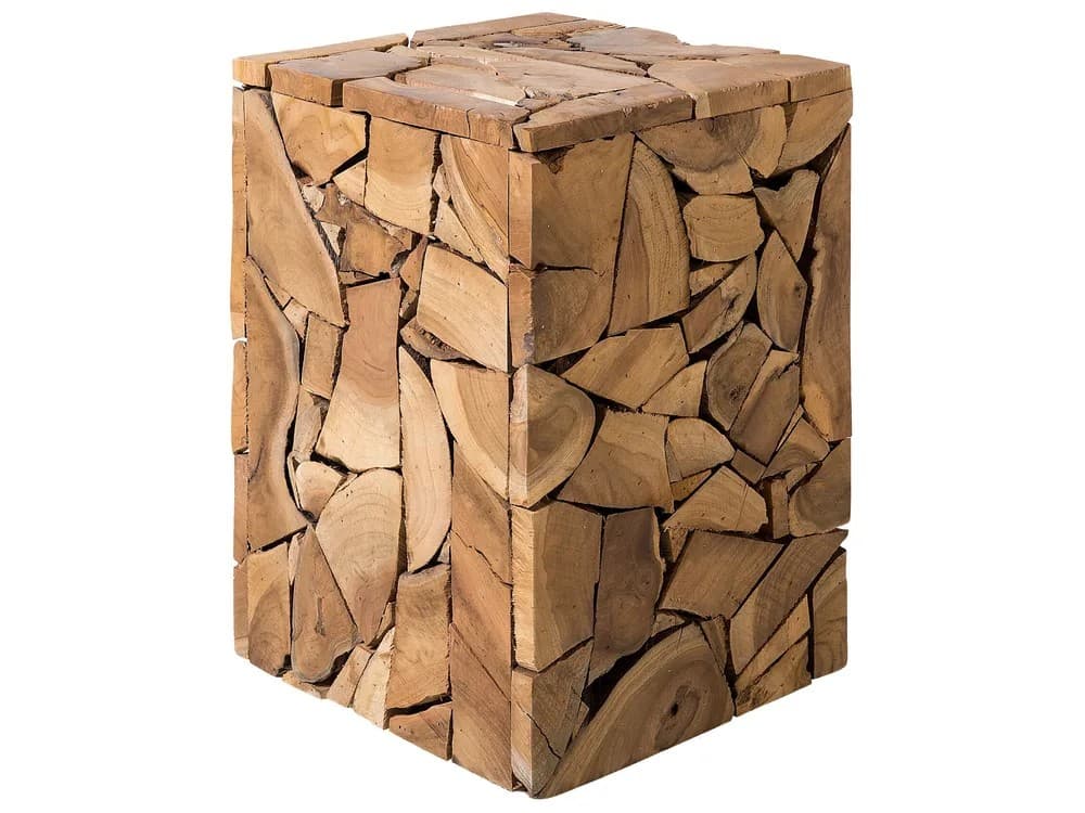 A cube-shaped stool constructed from numerous irregular pieces of wood, resembling a mosaic or mosaic-like pattern. The wood pieces are fitted together to form the exterior surfaces of the stool, with visible grain and natural variations in color and texture. The top surface appears to be constructed from similarly shaped wooden pieces, creating a cohesive design. — 3D model