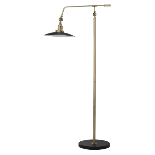 A floor lamp with an adjustable arm and a bell-shaped shade. The lamp has a metal pole with a circular base and an articulated arm that supports the shade. The shade appears to be black on the outside and white or metallic on the inside. The arm and pole have a brass or gold-toned finish. — 3D model