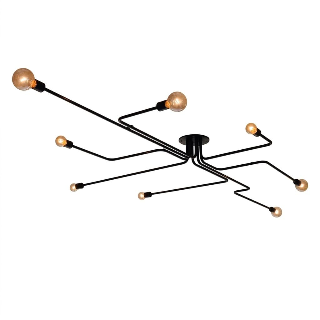 A multi-armed black ceiling chandelier with exposed Edison-style bulbs. The fixture features a central black canopy from which multiple thin, black metal arms extend outwards at varying angles and lengths. Each arm terminates in a socket holding a vintage-style incandescent light bulb, emitting a warm glow. The design is industrial and minimalist. — 3D model