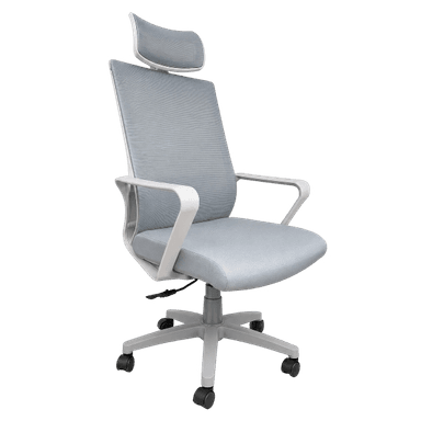 A modern ergonomic office chair featuring a grey mesh backrest, a padded light grey fabric seat, fixed white plastic armrests, and a five-star base with casters. It includes an adjustable headrest with a mesh covering. — 3D model