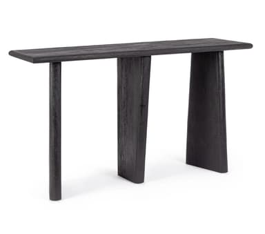 A narrow, rectangular console table crafted from dark, distressed wood. It features a thick tabletop and is supported by three robust, rectangular slab legs, presenting a minimalist and rustic aesthetic. — 3D model