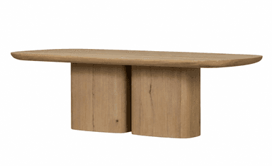 A contemporary console table crafted from natural light-colored wood, likely oak, featuring a thick, rectangular top with smoothly rounded edges. The top is supported by two substantial, cylindrical pedestal bases with rounded corners, positioned centrally beneath the table. The wood exhibits prominent grain patterns and a matte, natural finish, highlighting its organic aesthetic. The design is minimalist and robust, suitable for various modern interior settings. — 3D model