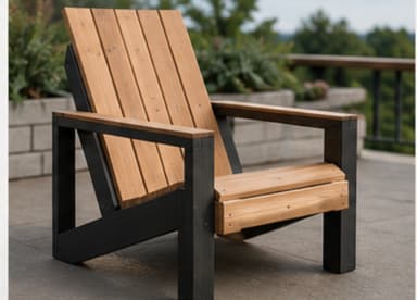 A modern outdoor armchair featuring a two-tone wood construction. The frame is a dark, possibly black, stained wood with an angular, blocky design, while the backrest and seat are composed of lighter, natural-toned wood slats. The chair includes broad, flat armrests, with the top surface of the armrests matching the lighter wood of the slats. The overall design is robust and suitable for outdoor environments. — 3D model