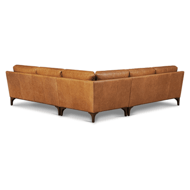 An L-shaped sectional sofa upholstered in tan or cognac-colored leather, featuring multiple seat and back cushions and supported by dark-finished, tapered wooden legs. — 3D model