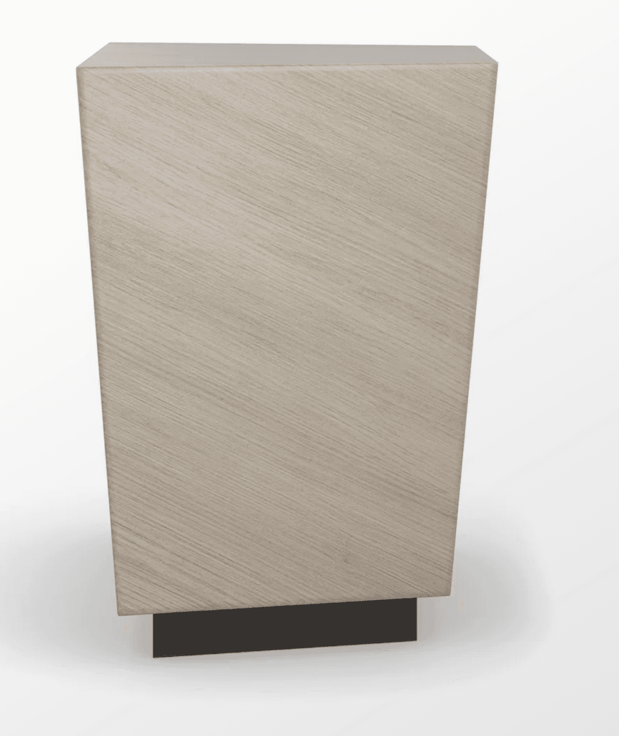 A modern cabinet with a trapezoidal body, wider at the top and narrowing towards the bottom. It stands on a dark, rectangular base. The main body features a light-colored wood veneer with a linear, diagonal grain pattern. The top surface appears to be a solid, lighter color, possibly a contrasting wood or laminate. The design is minimalist and contemporary. — 3D model
