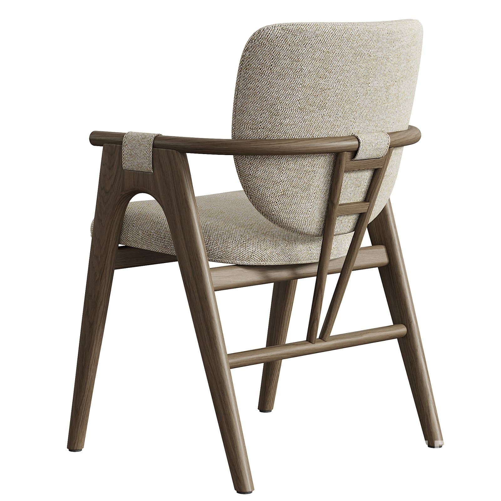 A modern armchair featuring a solid wood frame with a curved, integrated armrest design. The seat and backrest are upholstered in a light beige, textured fabric, offering a minimalist yet comfortable aesthetic. The chair incorporates a spindle-style back support within its wooden frame. — 3D model